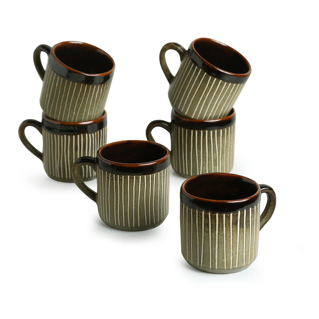 'Line Sips' Handpainted & Handglazed Studio Pottery Coffee & Tea Cups In Ceramic (Set of 6)