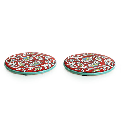 'Mughal Rounds' Floral Handpainted Trivets In Ceramic (Set of 2)