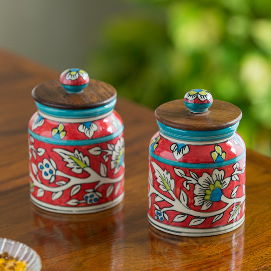 'Mughal Cylindrical Duo' Floral Handpainted Multi Utility Storage Jars & Containers In Ceramic (Non-Airtight, Set of 2, 410 ML, 5.2 Inch)