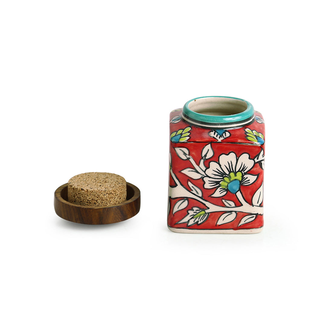 'Mughal Cuboidal' Floral Handpainted Multi Utility Storage Jar & Container In Ceramic (Airtight, 240 ML, 3.8 Inch)