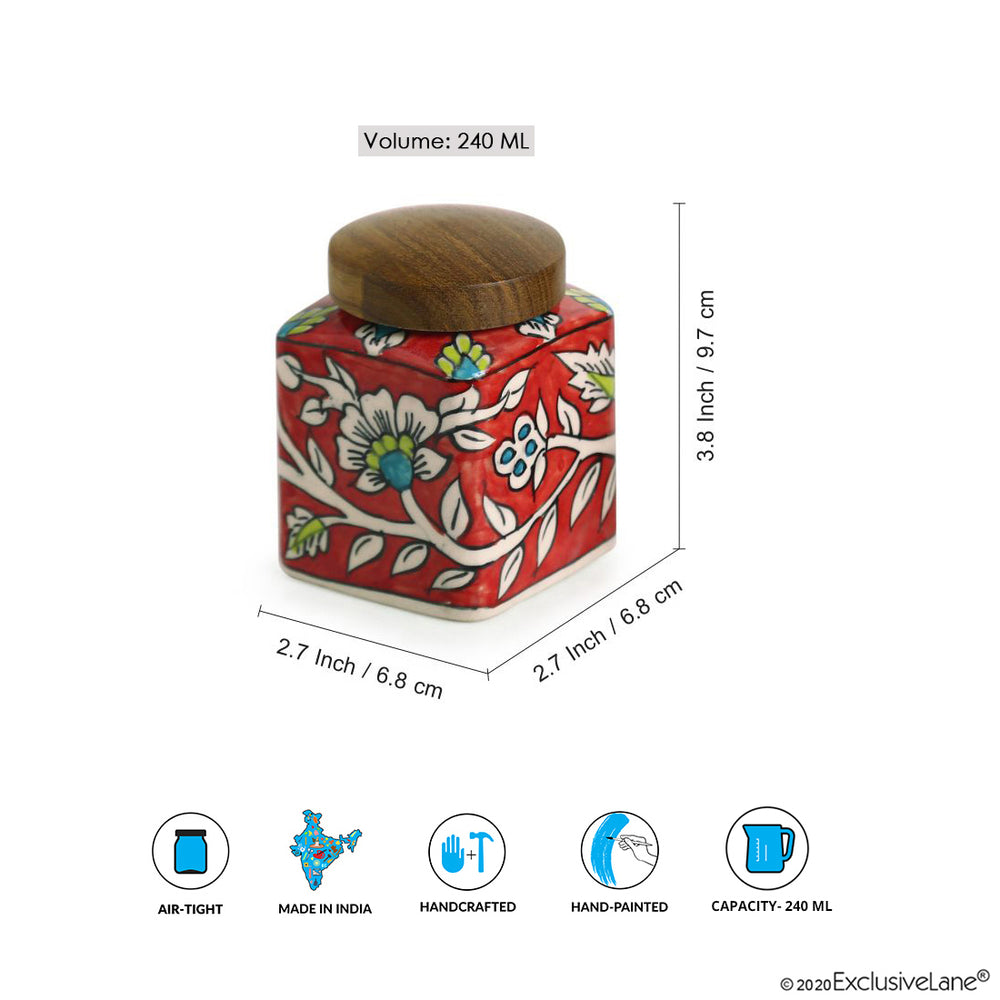 'Mughal Cuboidal' Floral Handpainted Multi Utility Storage Jar & Container In Ceramic (Airtight, 240 ML, 3.8 Inch)