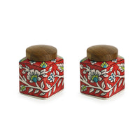 'Mughal Cuboidal Pair' Floral Handpainted Multi Utility Storage Jars & Containers In Ceramic (Airtight, Set of 2, 240 ML, 3.8 Inch)