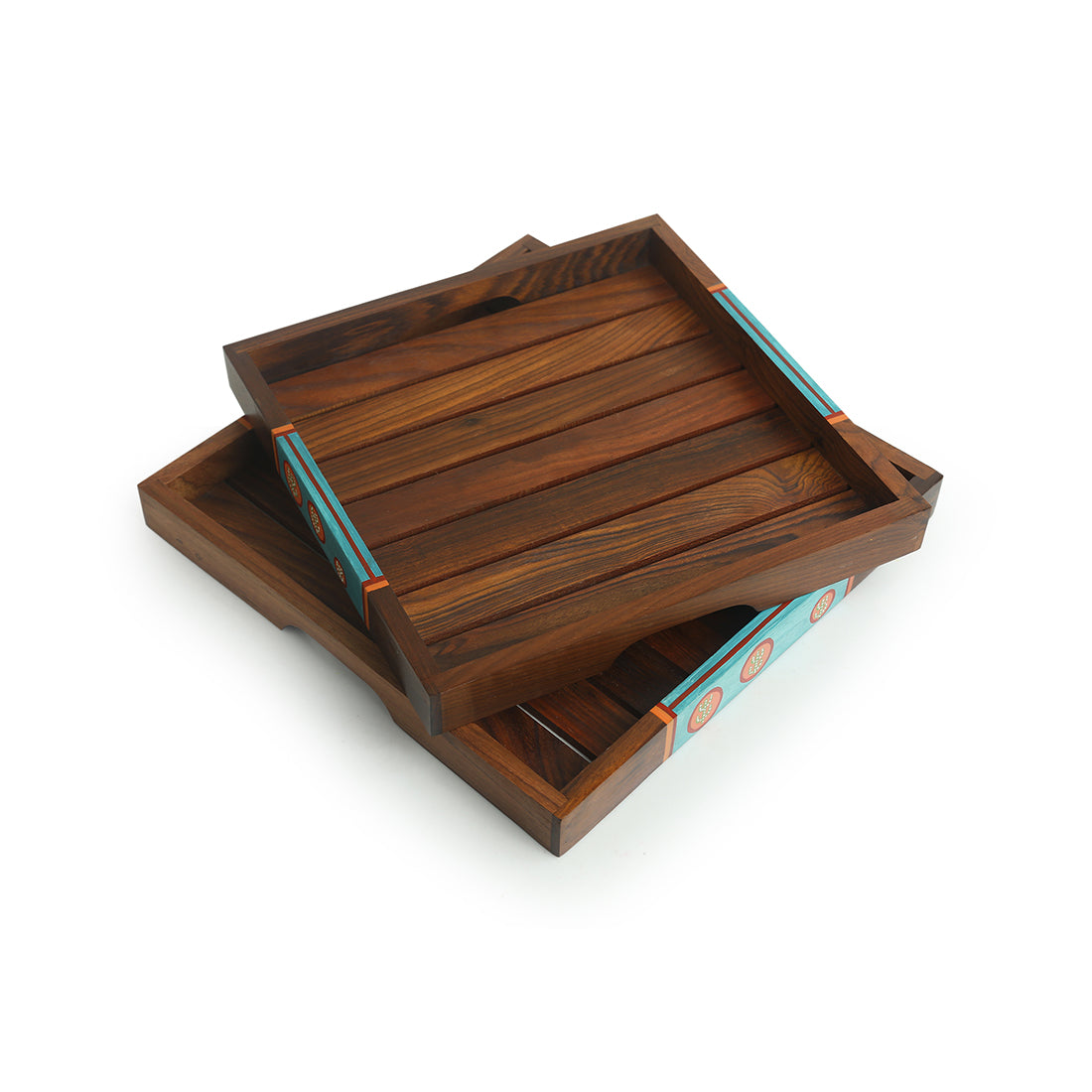 'Oasis Plank Duo' Handpainted Nested Serving Trays In Sheesham Wood (Set of 2)