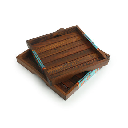 'Oasis Plank Duo' Handpainted Nested Serving Trays In Sheesham Wood (Set of 2)