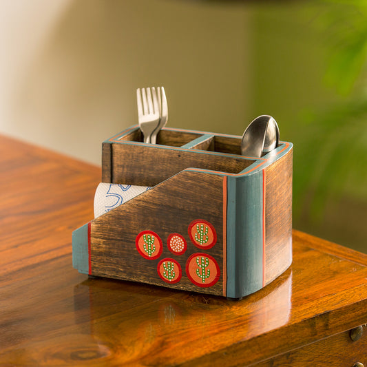 'Desert Staircase' Handpainted Cutlery Holder In Mango Wood (3 Partitions)