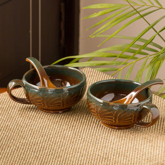'Amber & Teal' Studio Pottery Soup Bowls With Spoons In Ceramic (Set Of 2)