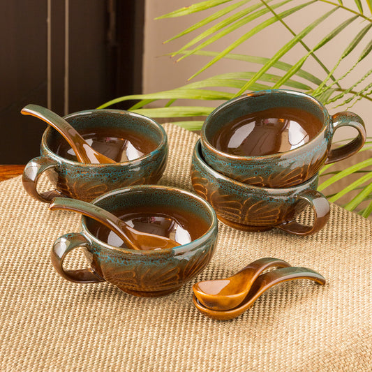 'Amber & Teal' Studio Pottery Soup Bowls With Spoons In Ceramic (Set Of 4)