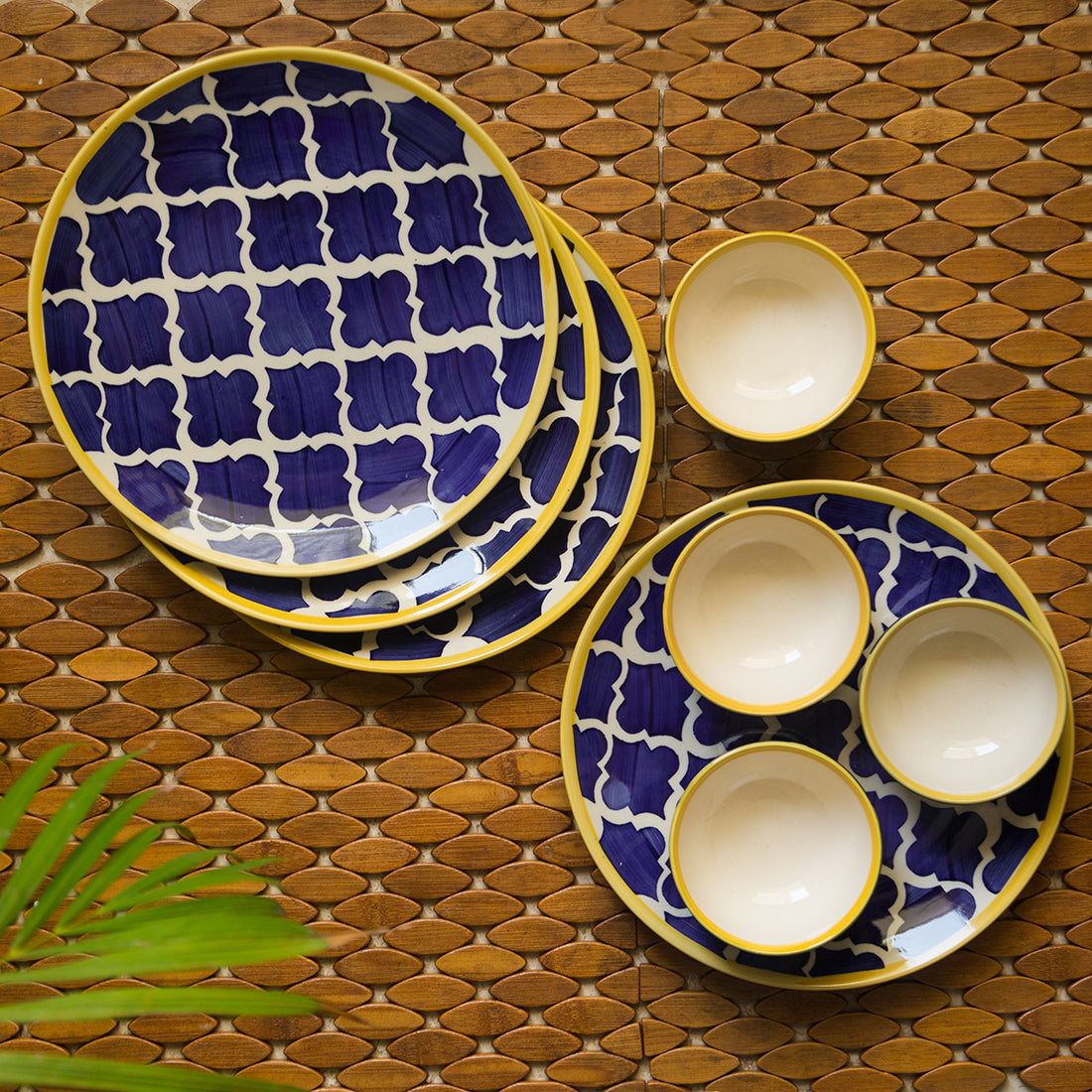'Moroccan Dining' Handpainted Ceramic Dinner Plates With Katoris (8 Pieces, Serving for 4)