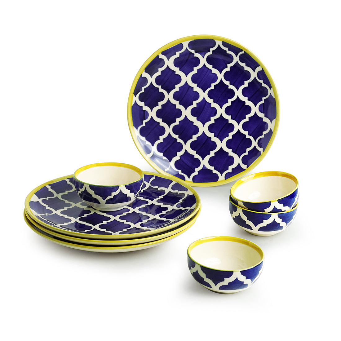 'Moroccan Dining' Handpainted Ceramic Dinner Plates With Katoris (8 Pieces, Serving for 4)