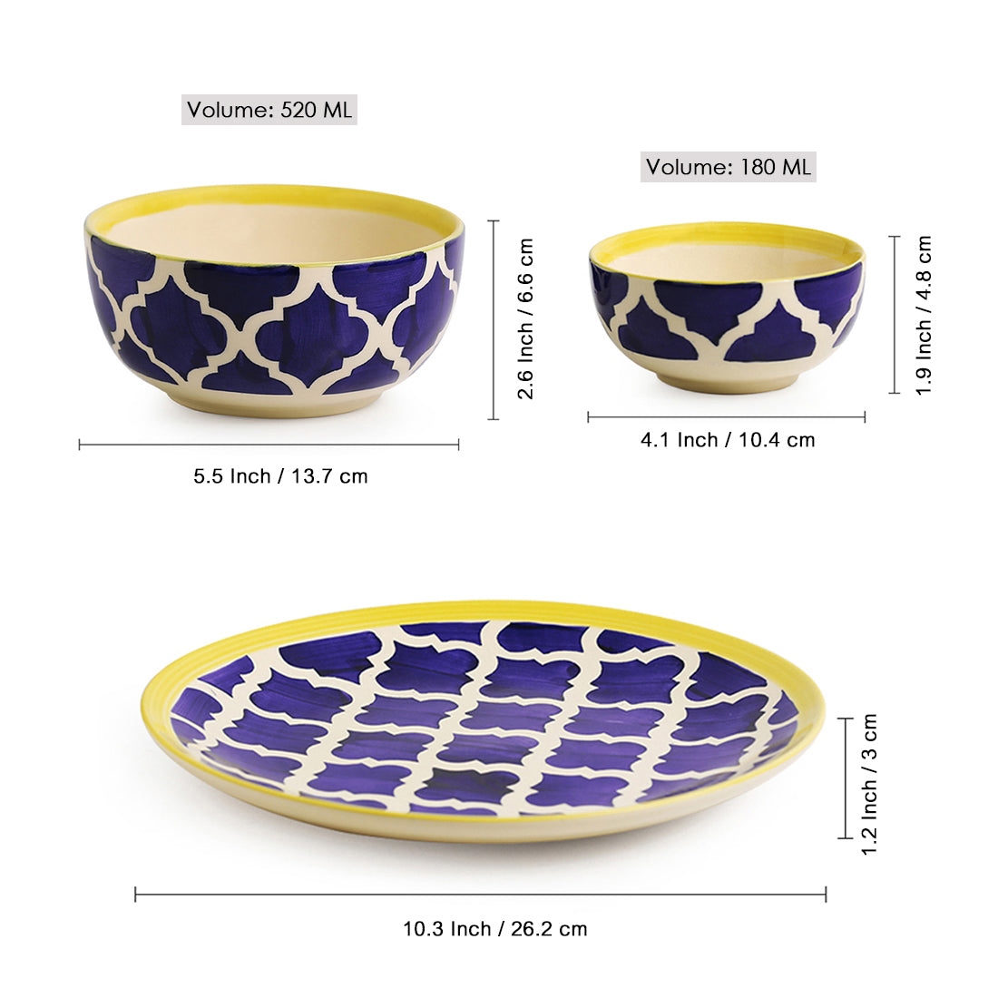 'Moroccan Dining' Handpainted Ceramic Dinner Plates With Katoris & Serving Bowls (10 Pieces, Serving for 4)