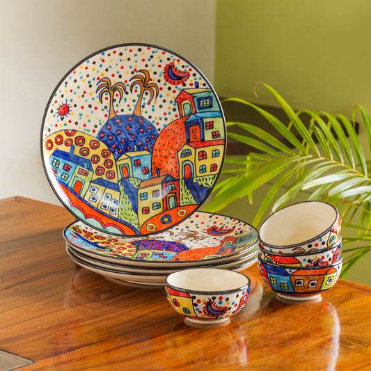 'Hut Dining' Handpainted Ceramic Dinner Plates With Katoris (8 Pieces, Serving for 4)