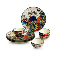 'Hut Dining' Handpainted Ceramic Dinner Plates With Katoris (8 Pieces, Serving for 4)