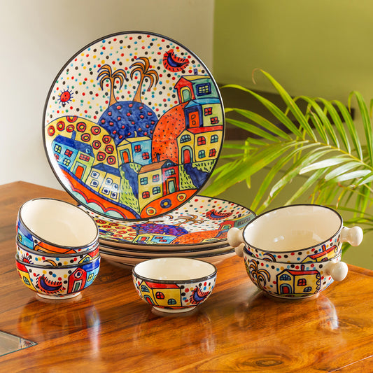 'Hut Dining' Handpainted Ceramic Dinner Plates With Katoris & Serving Bowls (10 Pieces, Serving for 4)