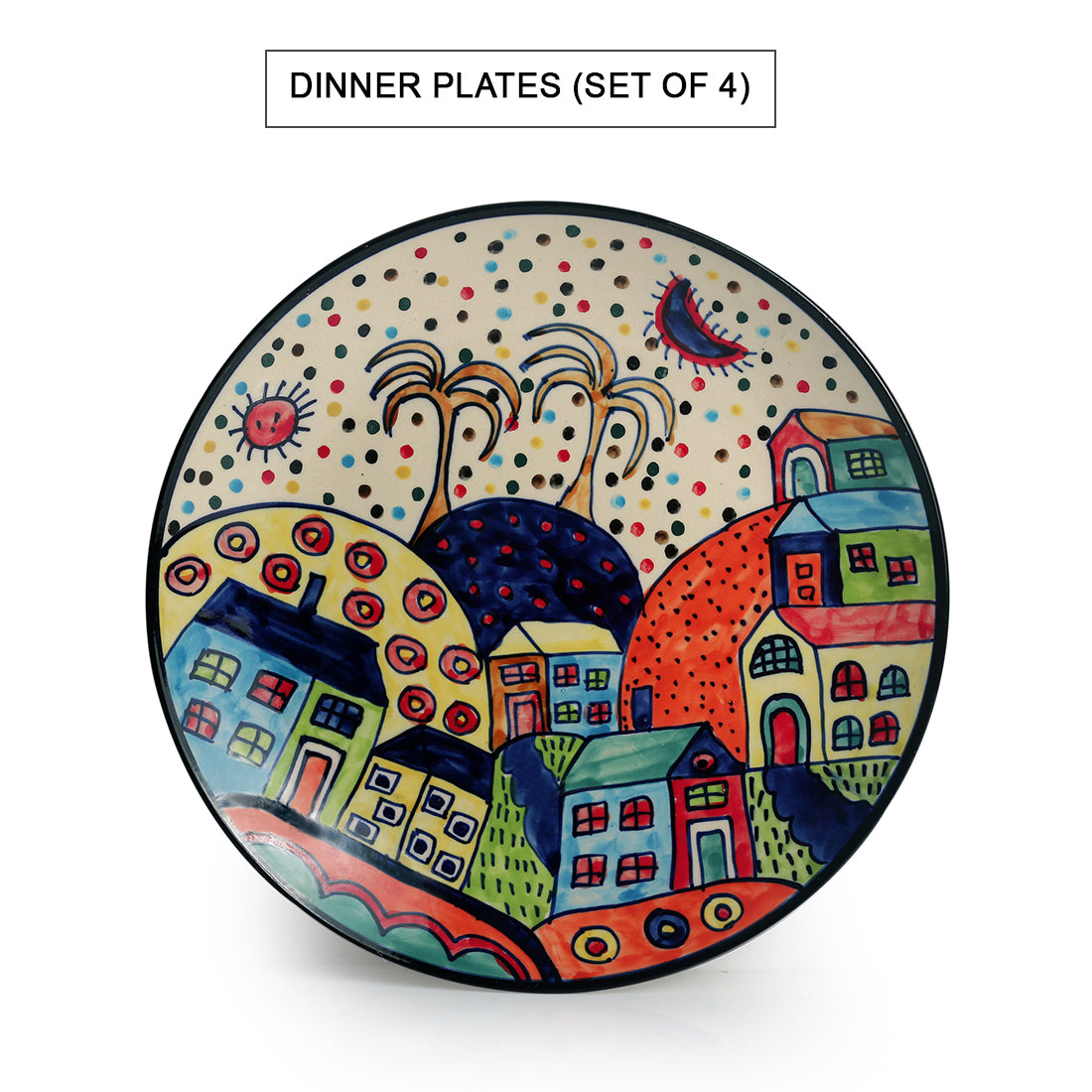 'Hut Dining' Handpainted Ceramic Dinner Plates With Katoris & Serving Bowls (10 Pieces, Serving for 4)