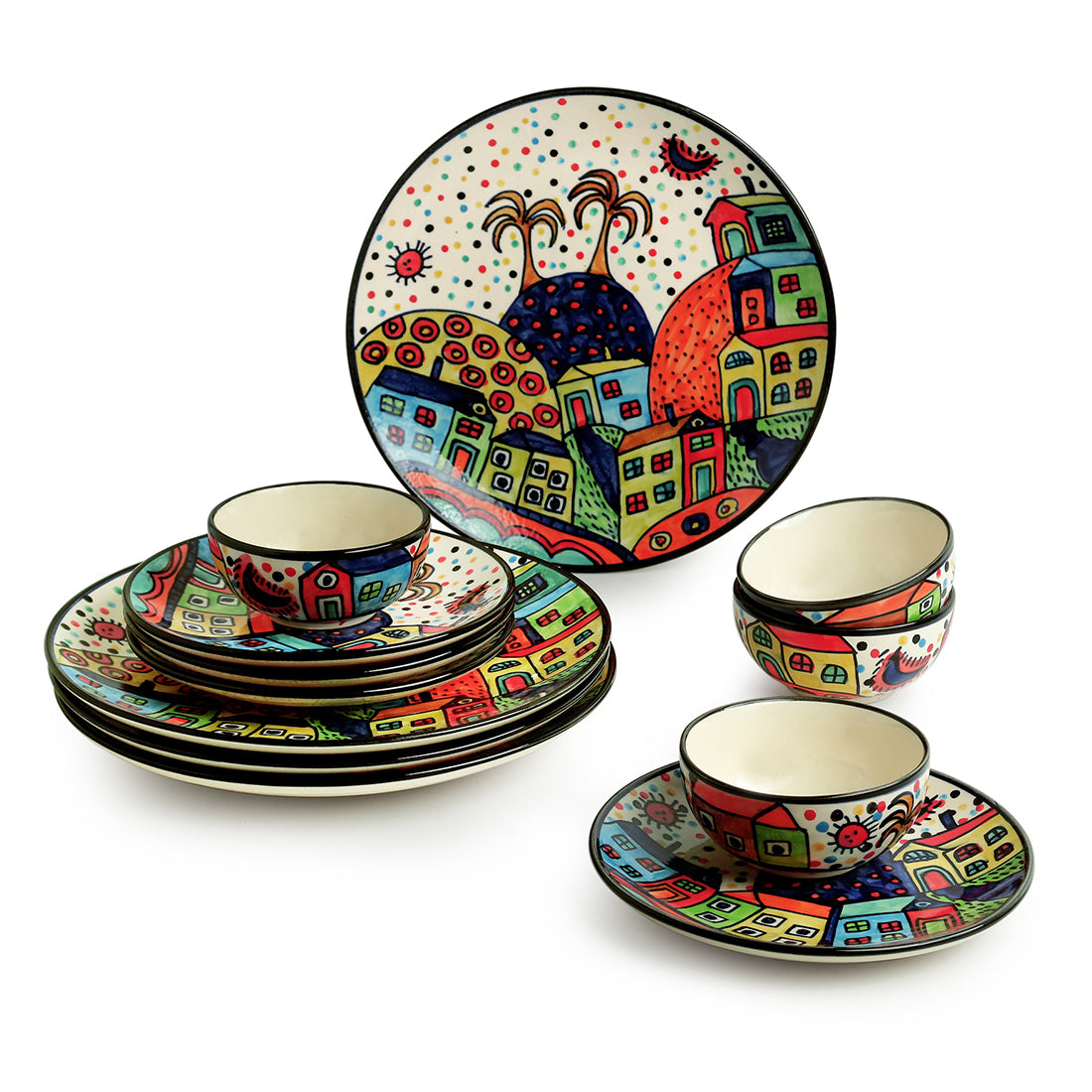 'Hut Dining' Handpainted Ceramic Dinner & Quarter Plates With Katoris (12 Pieces, Serving for 4)