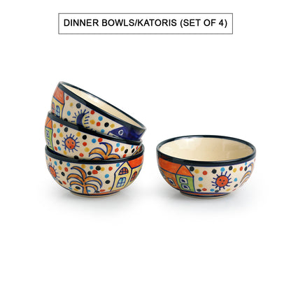 'Hut Dining' Handpainted Ceramic Dinner & Quarter Plates With Katoris (12 Pieces, Serving for 4)