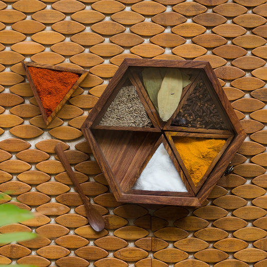 Handcrafted Hexagonal Spice Box With Spoon In Sheesham Wood (6 Containers, 45 ML)