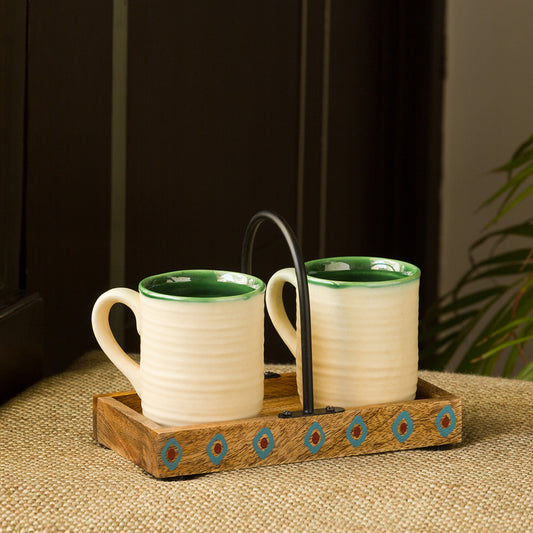 'Jade Translucence' Hand Glazed Studio Pottery Coffee & Tea Cups with Tray (Set of 2, 190 ML)
