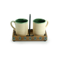 'Jade Translucence' Hand Glazed Studio Pottery Coffee & Tea Cups with Tray (Set of 2, 190 ML)