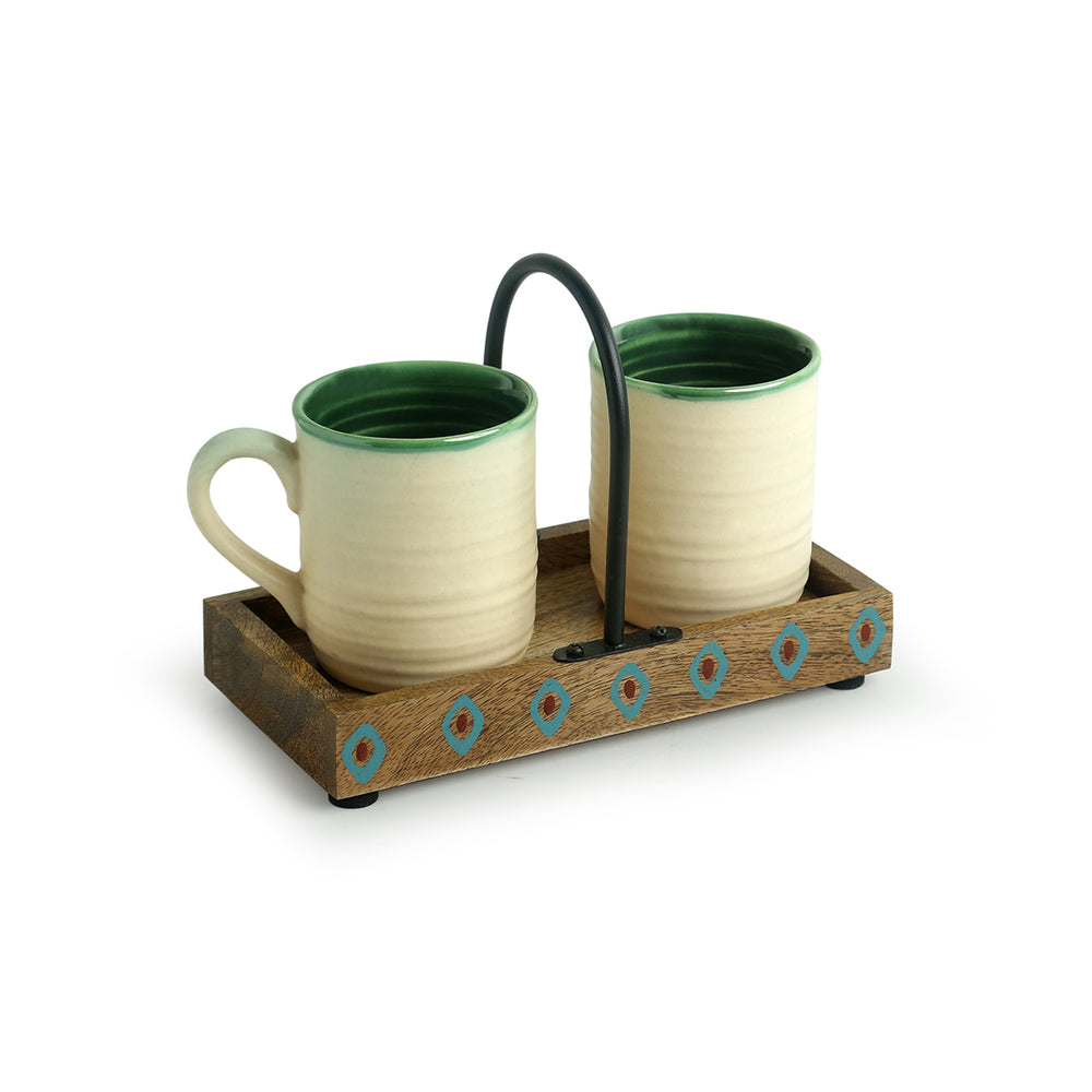 'Jade Translucence' Hand Glazed Studio Pottery Coffee & Tea Cups with Tray (Set of 2, 190 ML)