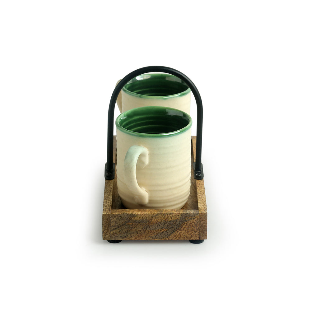 'Jade Translucence' Hand Glazed Studio Pottery Coffee & Tea Cups with Tray (Set of 2, 190 ML)