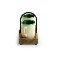 'Jade Translucence' Hand Glazed Studio Pottery Coffee & Tea Cups with Tray (Set of 2, 190 ML)