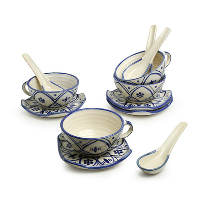 'Moroccan Floral' Handpainted Studio Pottery Soup Bowls With Saucers & Spoons In Ceramic (Set of 4, Microwave Safe)