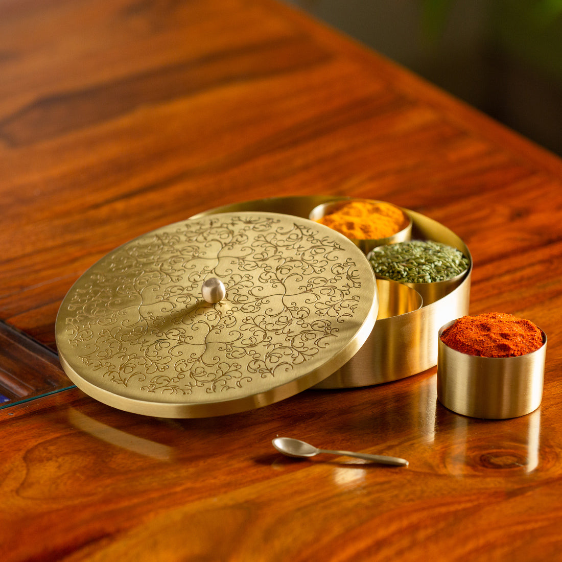 'Floral-Etched' Handcrafted Spice Box In Brass With Spoon (7 Containers, 40 ML)