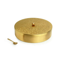 'Floral-Etched' Handcrafted Spice Box In Brass With Spoon (7 Containers, 40 ML)