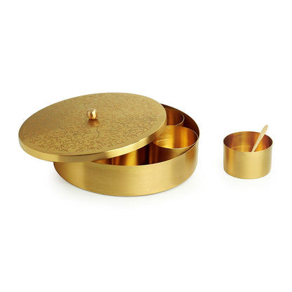 'Floral-Etched' Handcrafted Spice Box In Brass With Spoon (7 Containers, 40 ML)