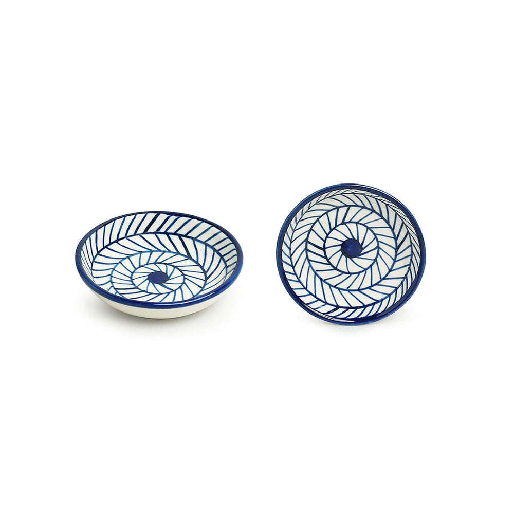 'Indigo Chevron' Handpainted Ceramic Chutney Bowls (Set of 2, 25 ML, Microwave Safe)