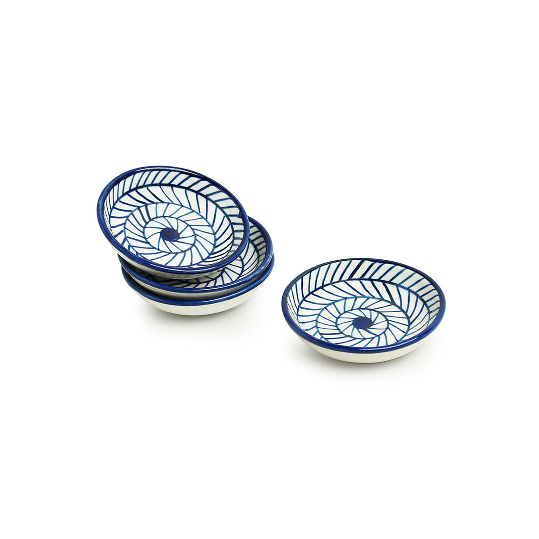 'Indigo Chevron' Handpainted Ceramic Chutney Bowls (Set of 4, 25 ML, Microwave Safe)