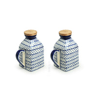 'Indigo Chevron' Handpainted Ceramic Milk & Water Jugs (Non-airtight, Set of 2, 480 ML, Microwave Safe)