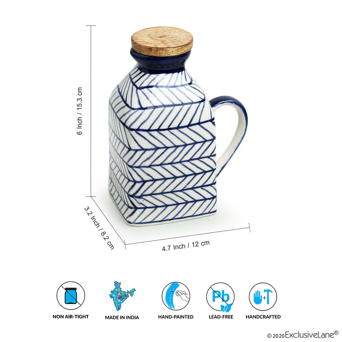 'Indigo Chevron' Handpainted Ceramic Milk & Water Jugs (Non-airtight, Set of 2, 480 ML, Microwave Safe)