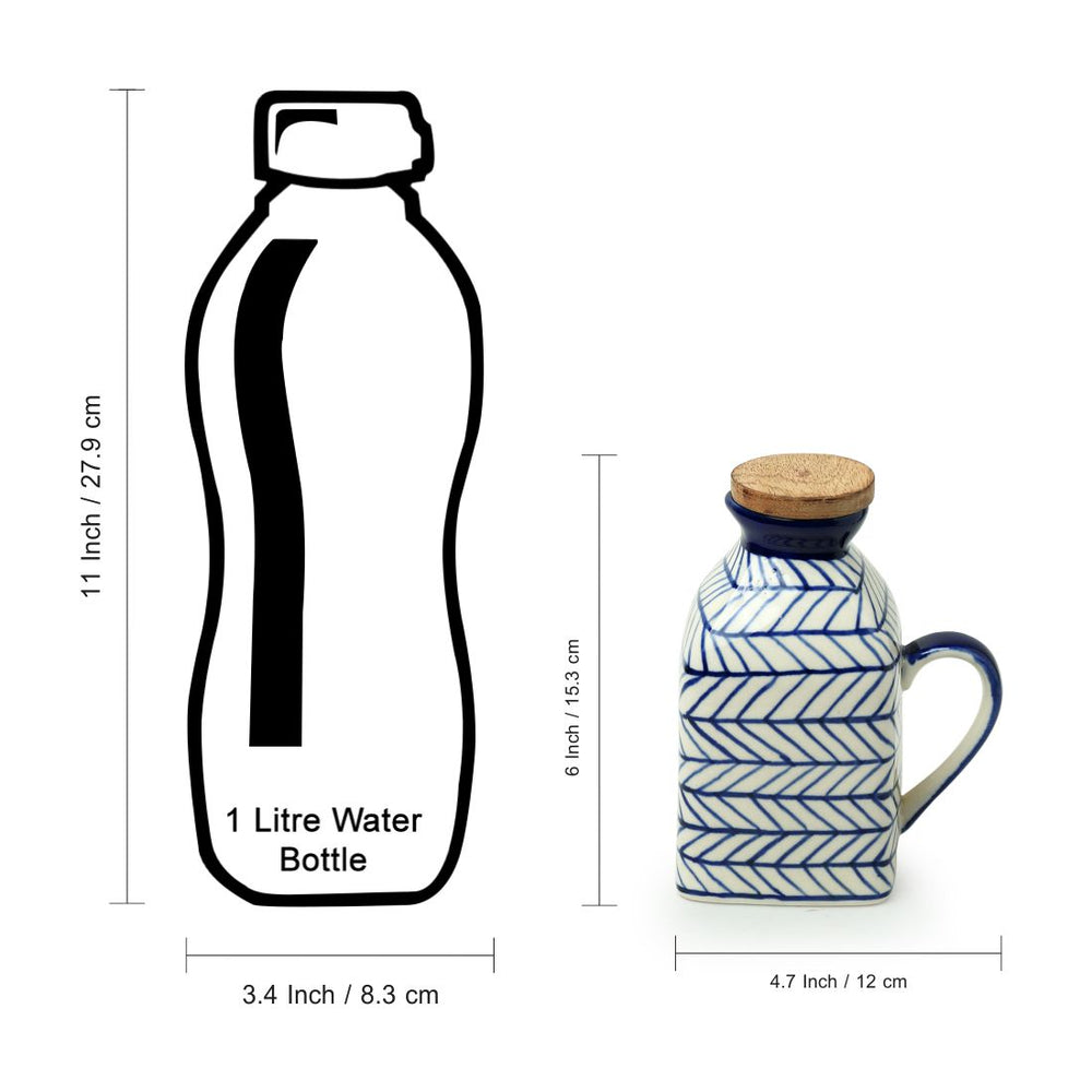 'Indigo Chevron' Handpainted Ceramic Milk & Water Jugs (Non-airtight, Set of 2, 480 ML, Microwave Safe)