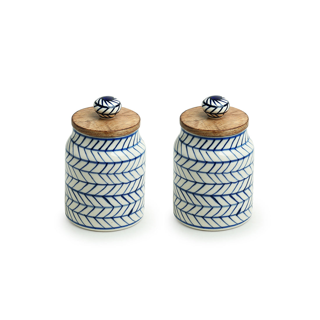 'Indigo Chevron' Handpainted Ceramic Multi-utility Storage Jars & Containers (Airtight, Set of 2, 470 ML, Microwave Safe)