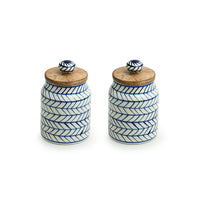 'Indigo Chevron' Handpainted Ceramic Multi-utility Storage Jars & Containers (Airtight, Set of 2, 470 ML, Microwave Safe)