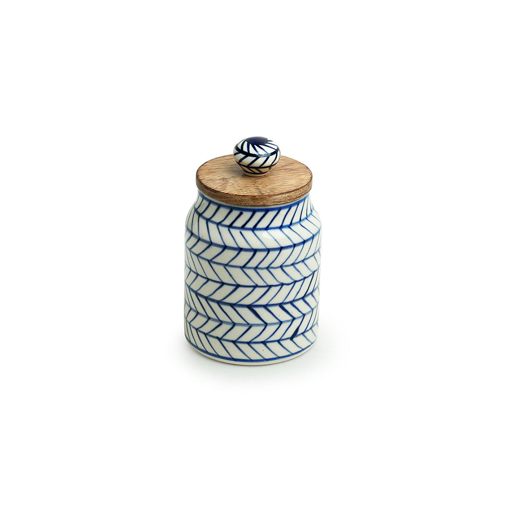 'Indigo Chevron' Handpainted Ceramic Multi-utility Storage Jars & Containers (Airtight, Set of 2, 470 ML, Microwave Safe)