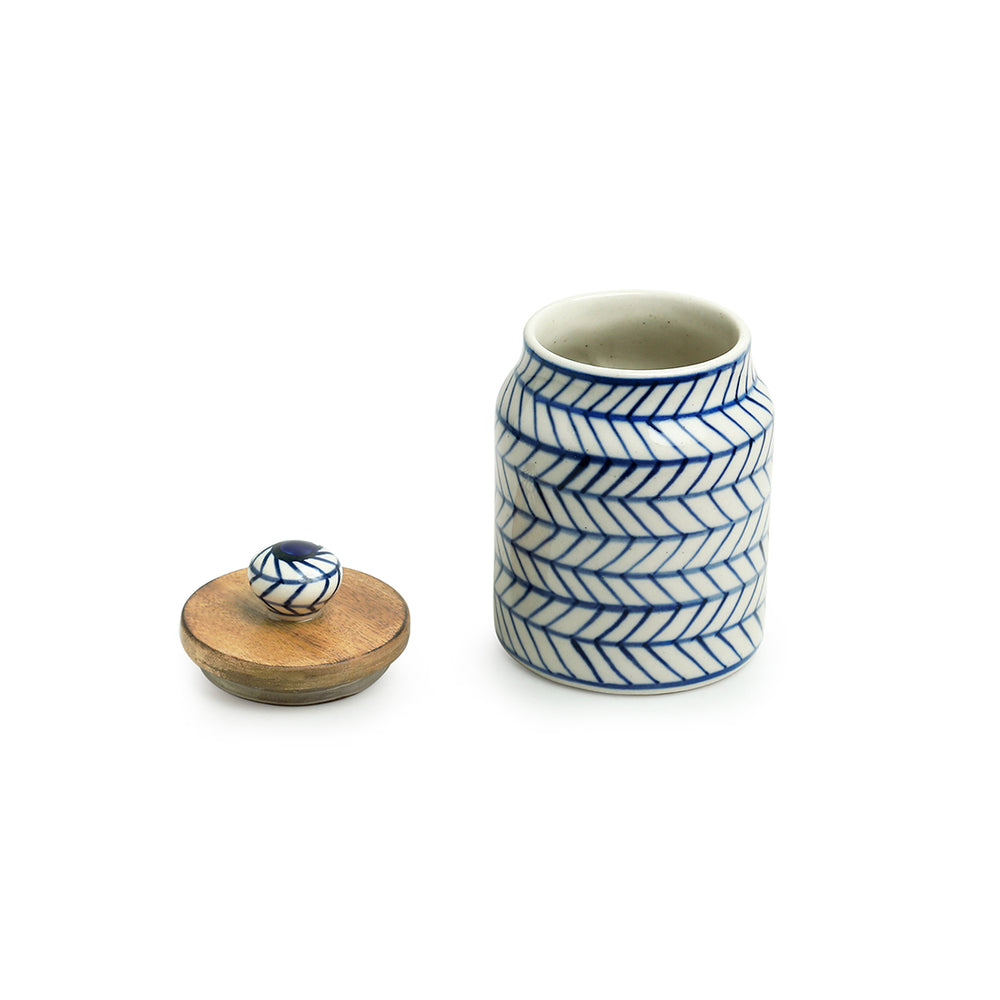 'Indigo Chevron' Handpainted Ceramic Multi-utility Storage Jars & Containers (Airtight, Set of 2, 470 ML, Microwave Safe)