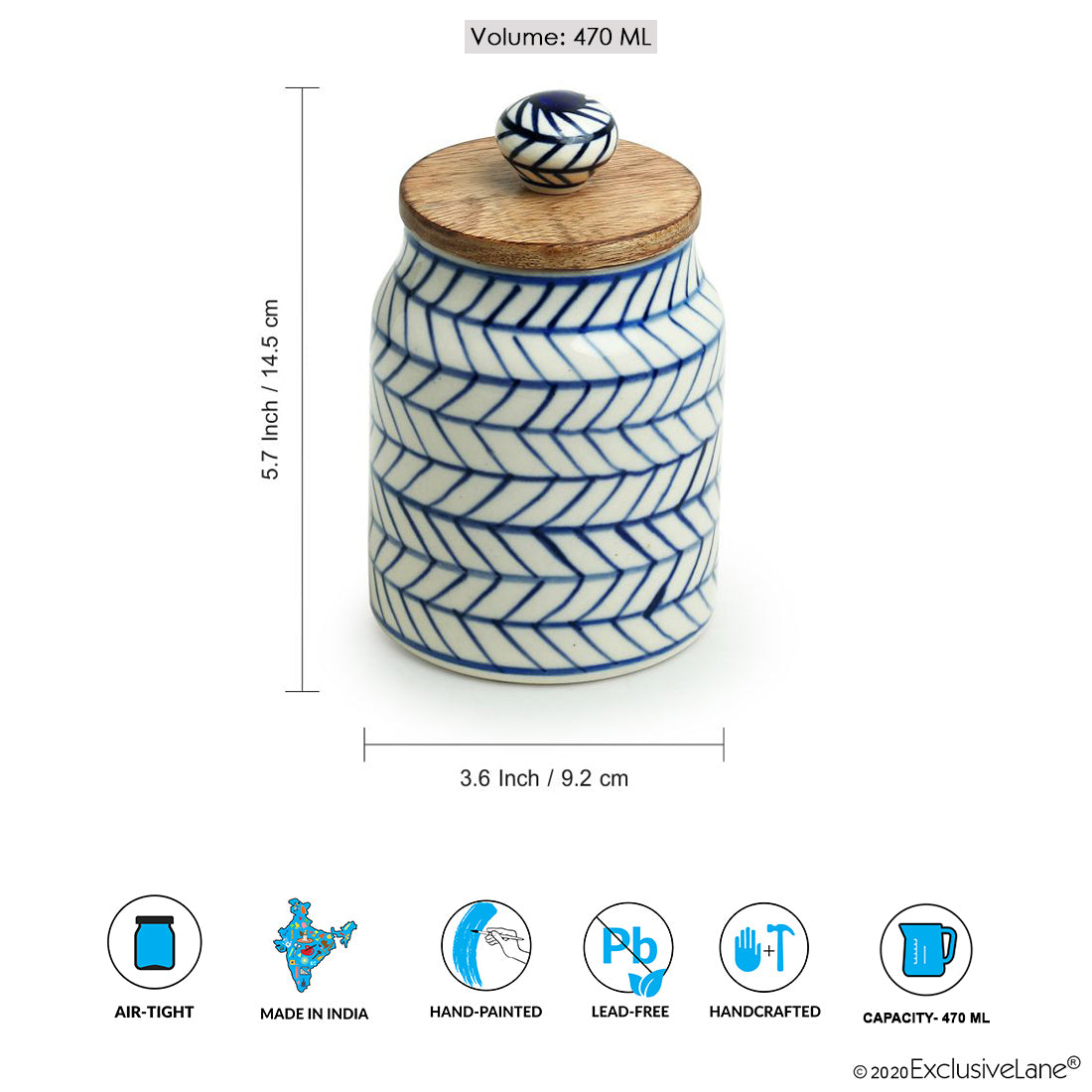 'Indigo Chevron' Handpainted Ceramic Multi-utility Storage Jars & Containers (Airtight, Set of 2, 470 ML, Microwave Safe)