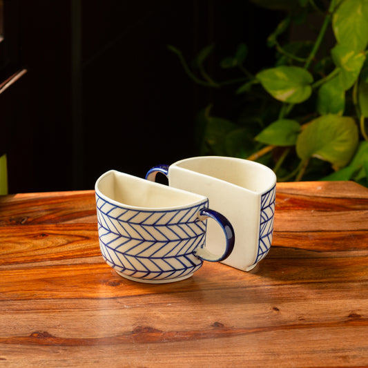 'Indigo Chevron' Handpainted Ceramic Unique Half Cup For Coffee & Tea (Set of 2, 200 ML, Microwave Safe)