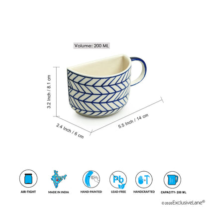 'Indigo Chevron' Handpainted Ceramic Unique Half Cup For Coffee & Tea (Set of 2, 200 ML, Microwave Safe)