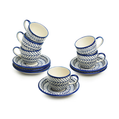 'Indigo Chevron' Handpainted Ceramic Tea Cups With Saucers (Set of 6, 160 ML, Microwave Safe)
