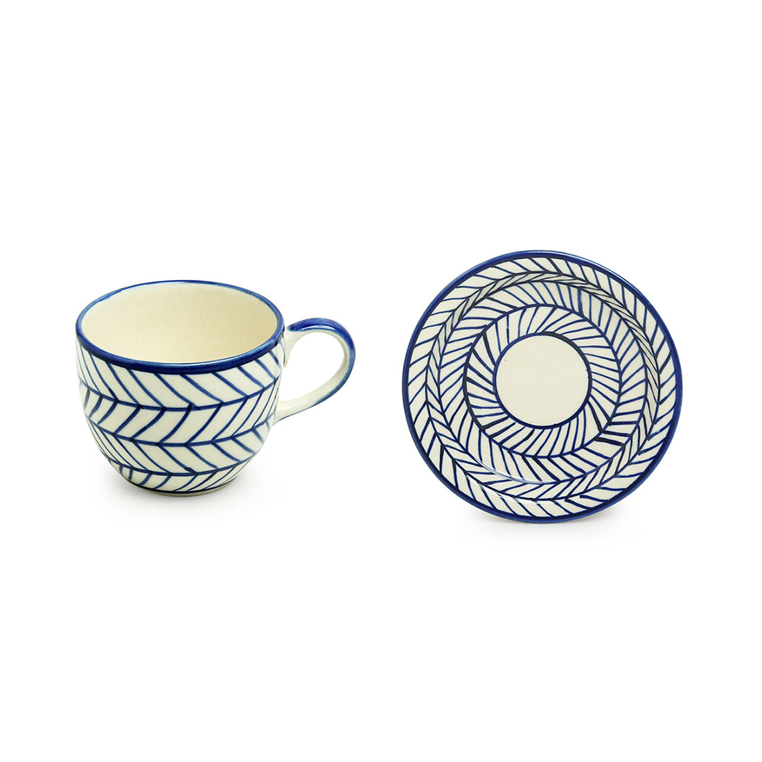 'Indigo Chevron' Handpainted Ceramic Tea Cups With Saucers (Set of 6, 160 ML, Microwave Safe)