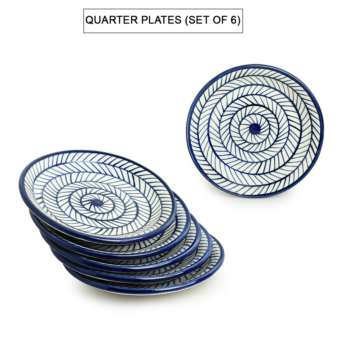 'Indigo Chevron' Handpainted Ceramic Side/Quarter Plates (Set of 6, Microwave Safe)