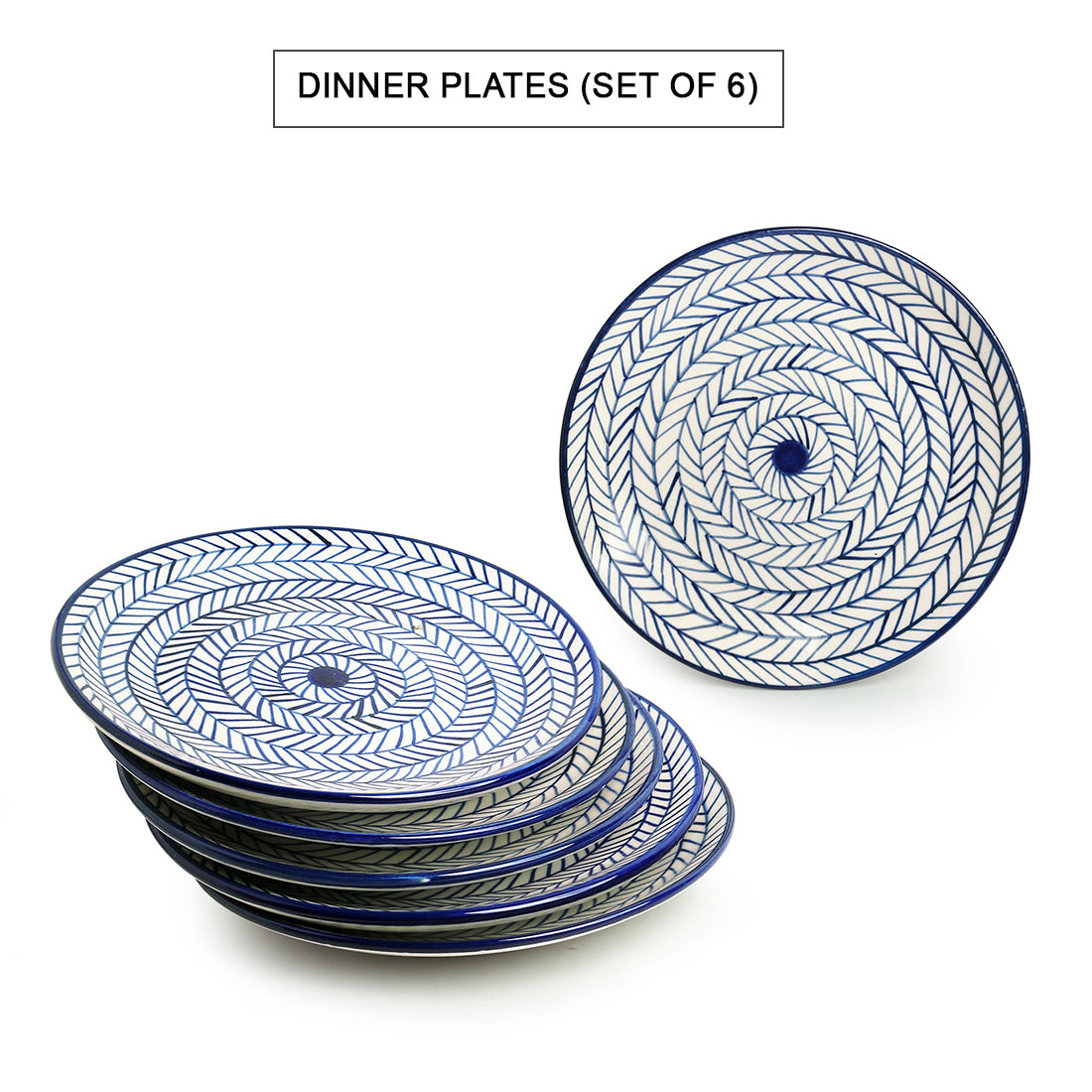 'Indigo Chevron' Handpainted Ceramic Dinner Plates (Set of 6, Microwave Safe)
