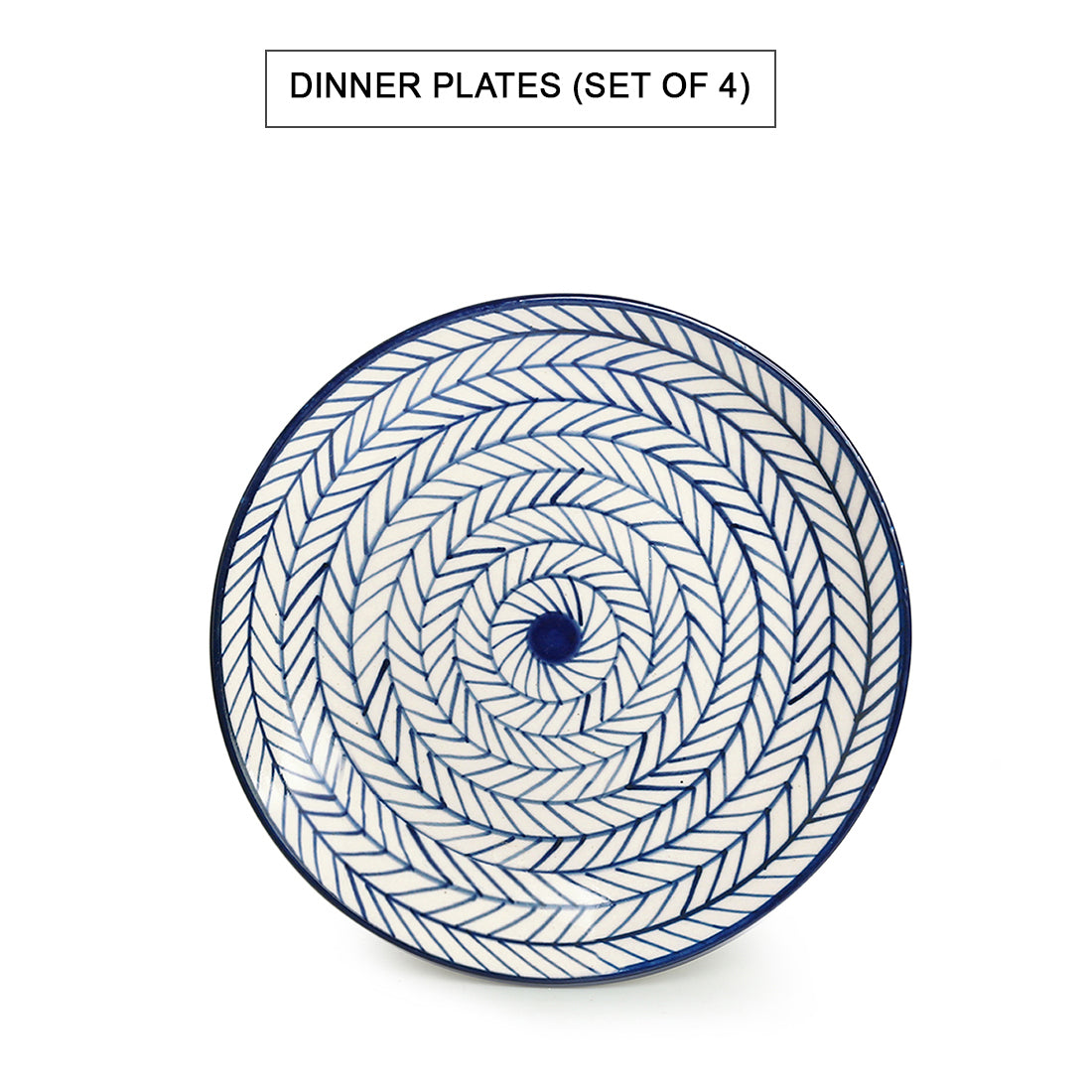 'Indigo Chevron' Handpainted Ceramic Dinner Plates With Katoris (8 Pieces, Serving for 4, Microwave Safe)