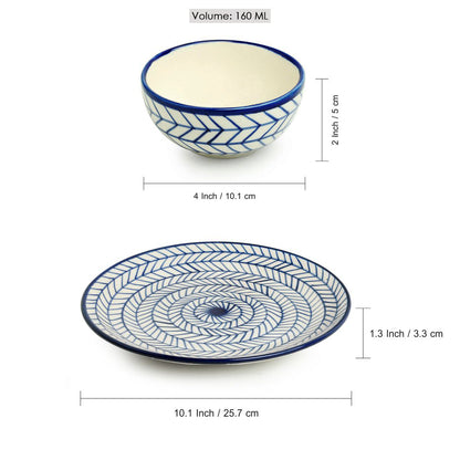 'Indigo Chevron' Handpainted Ceramic Dinner Plates With Katoris (8 Pieces, Serving for 4, Microwave Safe)