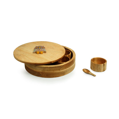 'Rainbow Owl Motif' Spice Box With Spoon In Mango Wood (7 Detachable Containers, 70 ML)