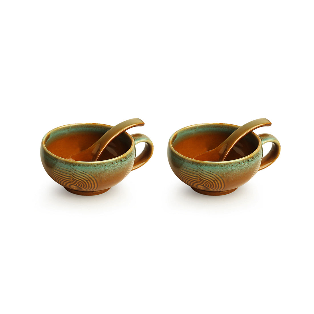 'Peacock Boulevard' Hand-Engraved Ceramic Soup Bowls With Spoons (Set of 2, 320 ML, Microwave Safe)